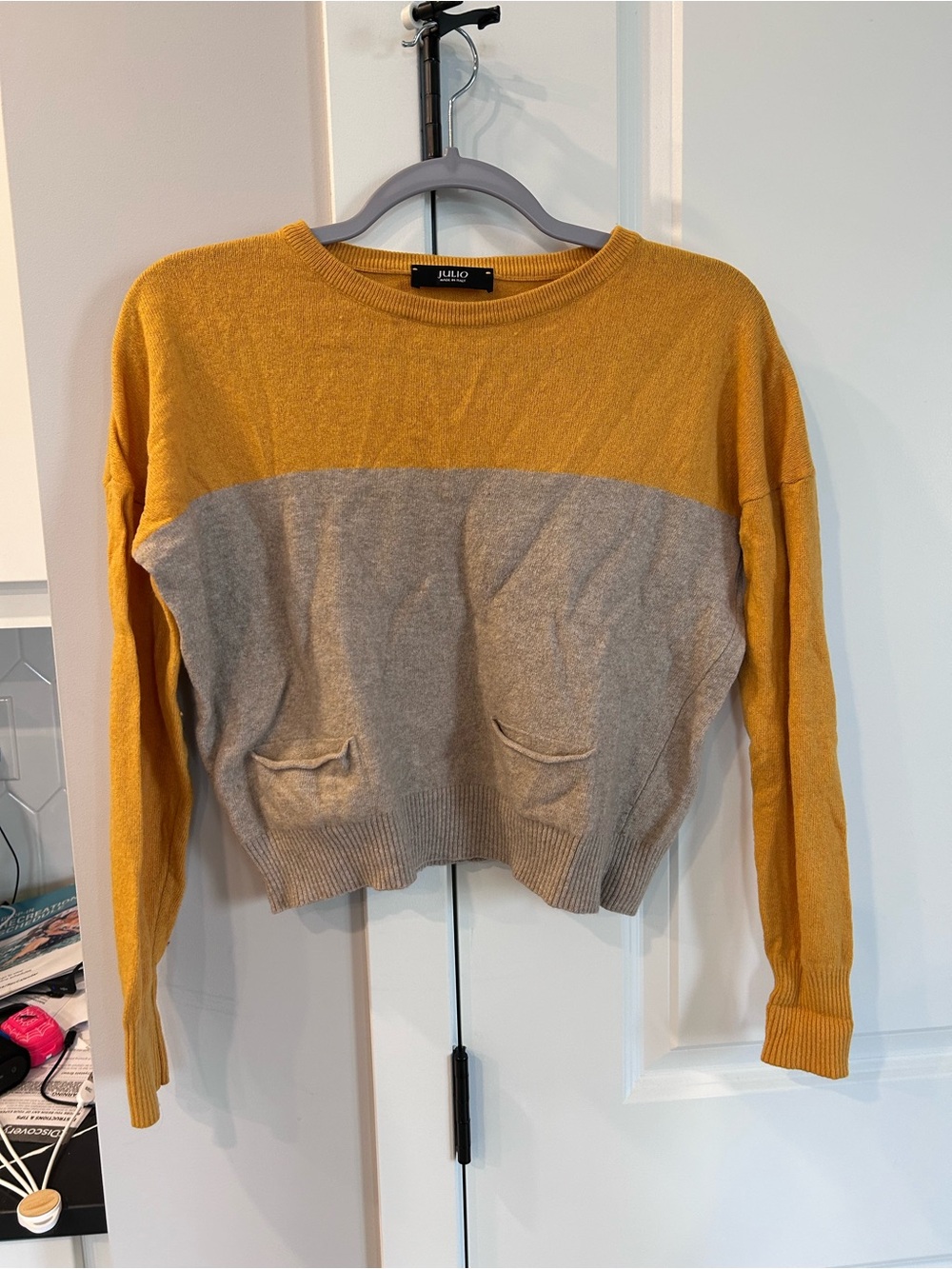 Julio Color Block Crewneck Sweater Yellow Gray Front Pockets Pullover Minimalist